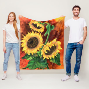 Beautiful Three Sunflowers - Migned Painting Art Fleece Blanket