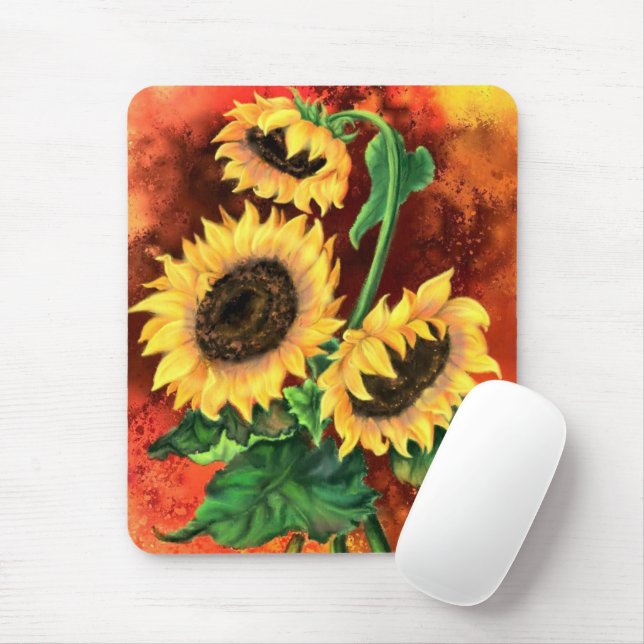 Beautiful Three Sunflowers - Migned Painting Art Mouse Pad (With Mouse)