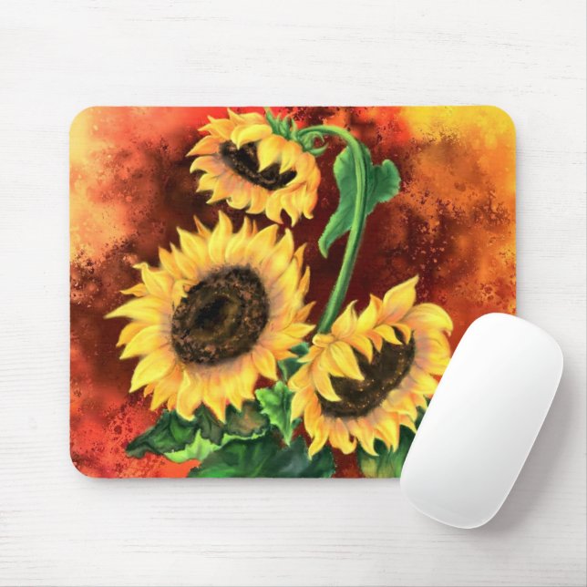Beautiful Three Sunflowers Mouse Pad Painting (With Mouse)