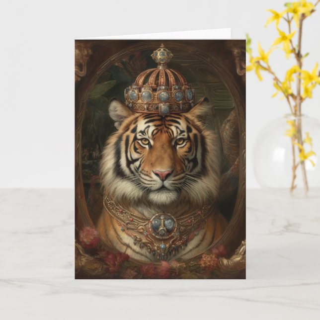 Beautiful Tiger in a Crown all occasions Card (Yellow Flower)