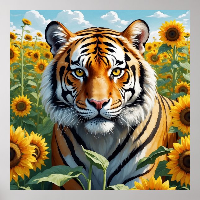 Beautiful Tiger in Sunflower Field Floral Poster (Front)