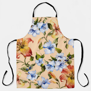 Beautiful tiger lilies and small blue flowers on t apron