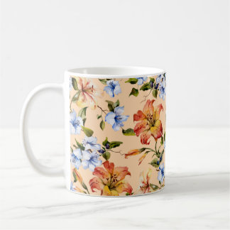 Beautiful tiger lilies and small blue flowers on t coffee mug
