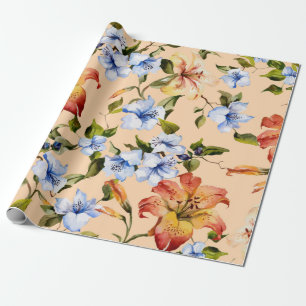 Beautiful tiger lilies and small blue flowers on t wrapping paper