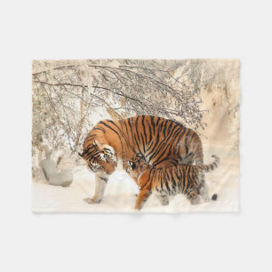 Beautiful Tiger with Cub in the Snow Fleece Blanket