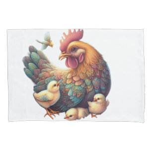 🌿 Beautiful Traditional Art: Hen with Chicks. Pillowcase