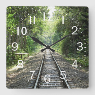 Beautiful Train Track through the Forest scene Square Wall Clock