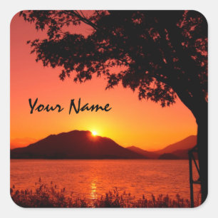 Beautiful Tranquil Orange Sunset Lake Mountain Square Sticker