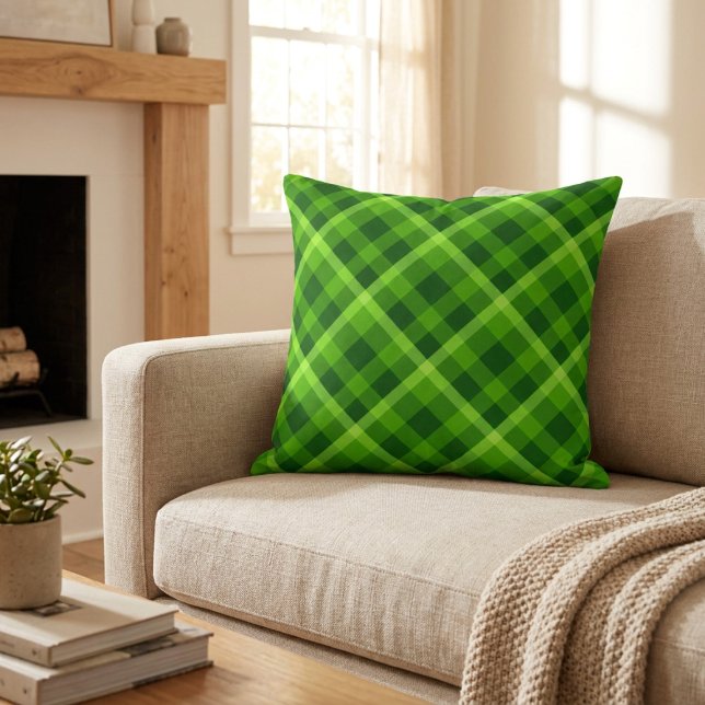 Beautiful Tree Green Plaid Big Throw Pillow (Beautiful Tree Green Plaid Big Throw Pillow on a sofa in a living room.)