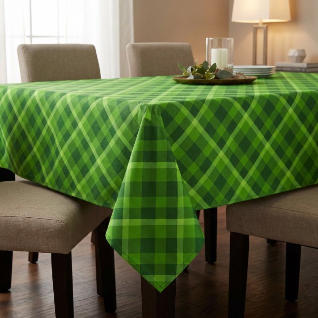 Beautiful Tree Green Plaid Large Tablecloth (Beautiful Tree Green Plaid Large Tablecloth covering a table in a dining room.)