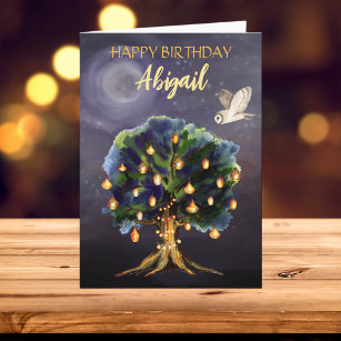 Beautiful Tree Lanterns, Moon, Owl Happy Birthday Card