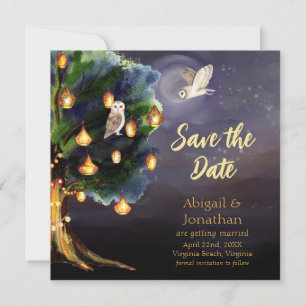 Beautiful Tree with Lanterns, Moon, Owl Wedding Save The Date