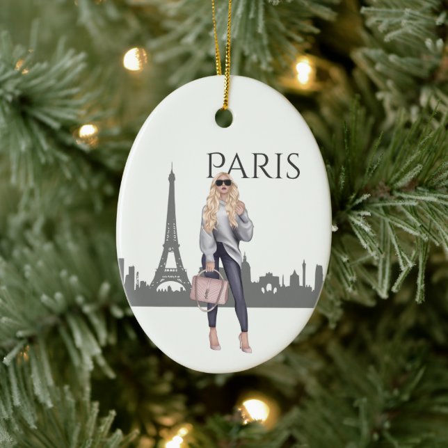 Beautiful Trendy Girl in Paris Christmas Ceramic Ornament (Tree)