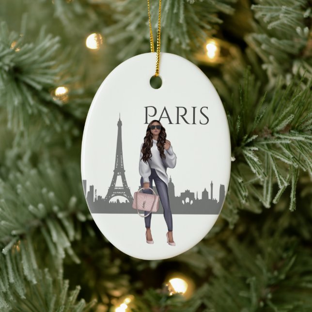 Beautiful Trendy Girl in Paris Christmas Ceramic Ornament (Tree)