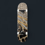 Beautiful trendy leopard faux animal print skateboard<br><div class="desc">Beautiful trendy chic girly leopard animal faux fur print glitter pattern, Leopard, cheetah, cat, wild faux fur animal prints, silver shinning glowing glitter shower effects, gold pearls, white gemstones image. Yellow gold, white, grey, brown, black, cream, colours, glowing, fashion, modern, artistic, stylish, pretty, feminine, love, glamourous, glam, animal print lovers,...</div>
