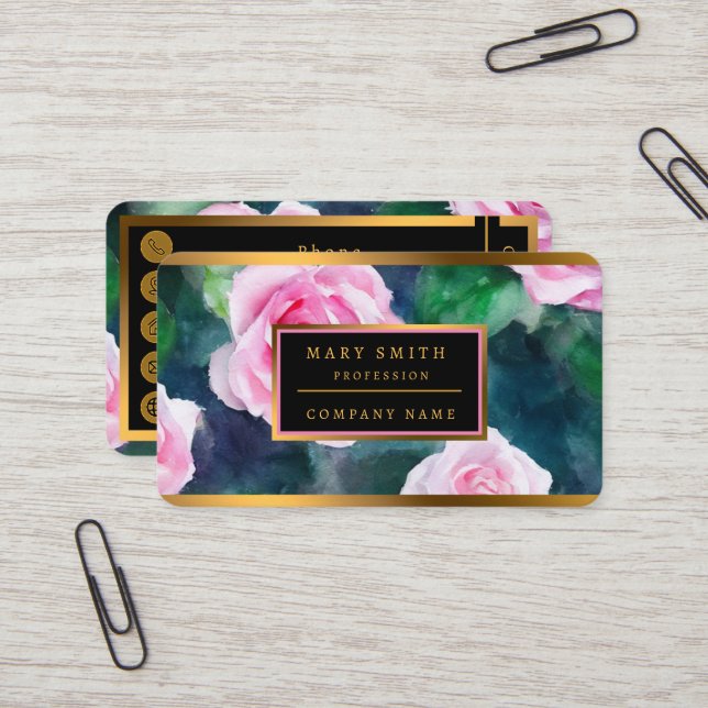 Beautiful Trendy Watercolor Pink Roses Collection Business Card (Front/Back In Situ)