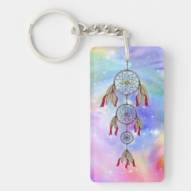 Beautiful trendy whimsical  dream-catcher feathers key ring (Front)