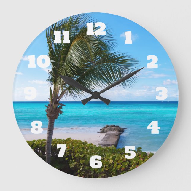 Beautiful Tropical Beach Breezy Palm Tree Large Clock (Front)