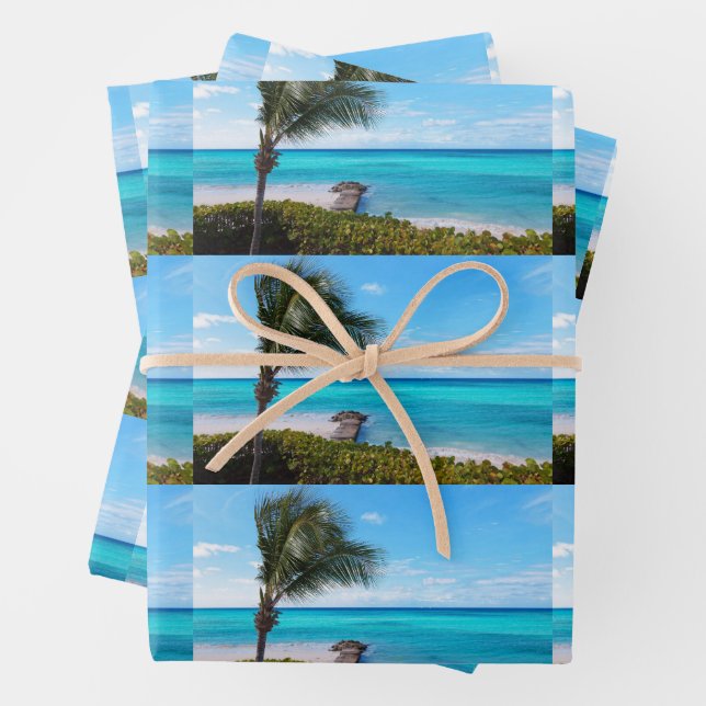 Beautiful Tropical Beach Breezy Palm Tree Pattern Wrapping Paper Sheet (In situ)