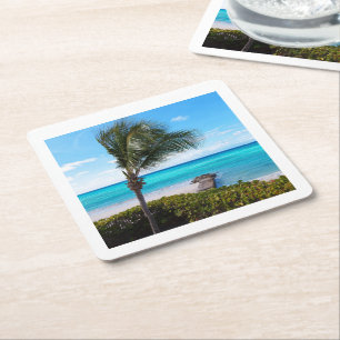 Beautiful Tropical Beach Breezy Palm Tree Square Paper Coaster