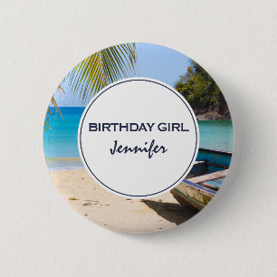 Beautiful Tropical Beach & Rowboat Birthday Girl 6 Cm Round Badge