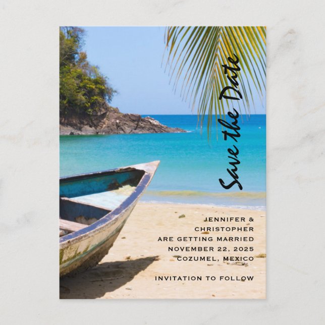 Beautiful Tropical Beach Wedding Save the Date Invitation Postcard (Front)