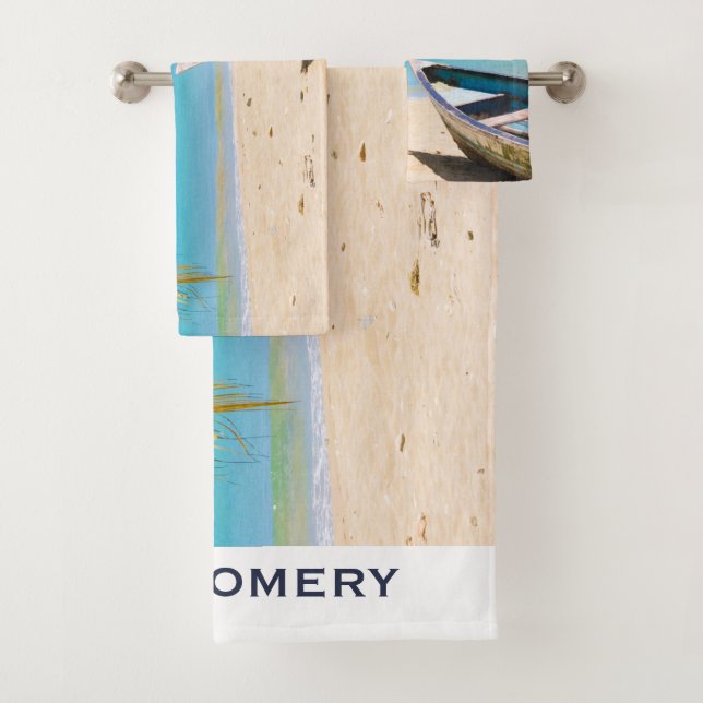 Beautiful Tropical Beach with a Rowboat Bath Towel Set (Insitu)