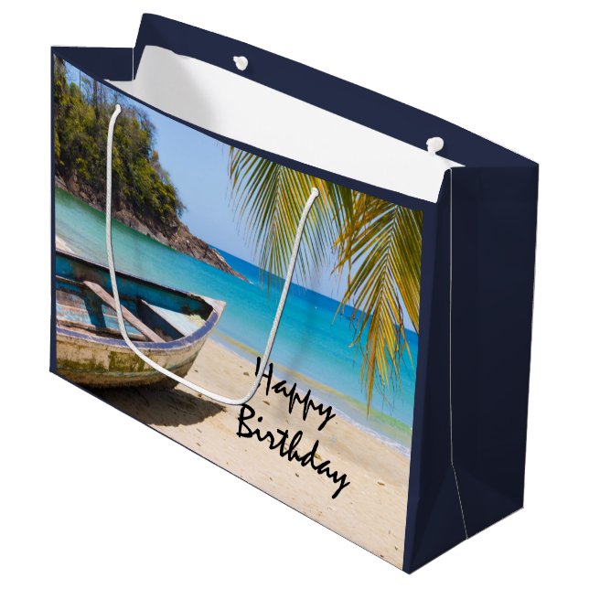 Beautiful Tropical Beach with a Rowboat Birthday Large Gift Bag (Front Angled)