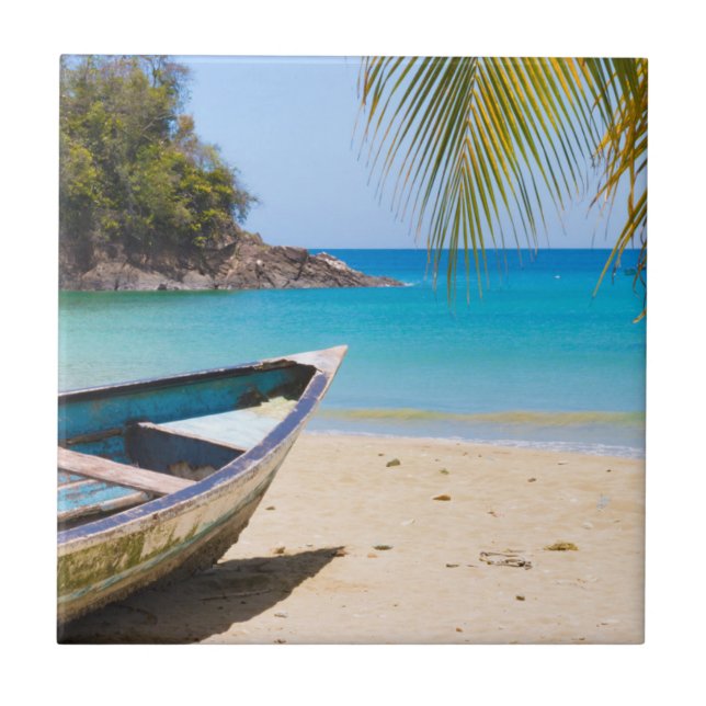 Beautiful Tropical Beach with a Rowboat Ceramic Tile (Front)