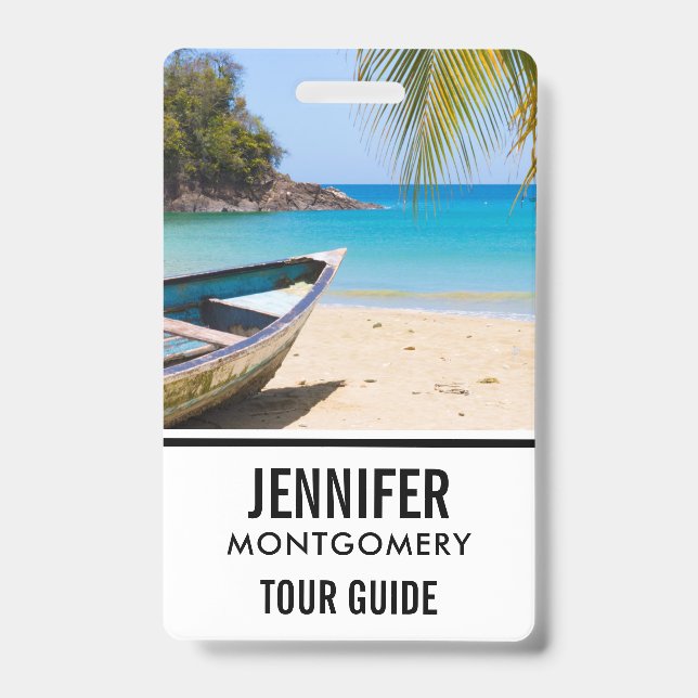Beautiful Tropical Beach with a Rowboat ID Badge (Front)