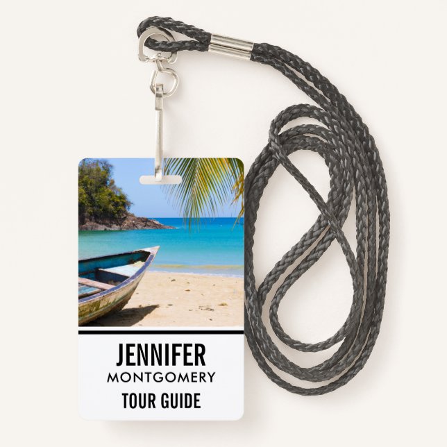 Beautiful Tropical Beach with a Rowboat ID Badge (Front with Lanyard)