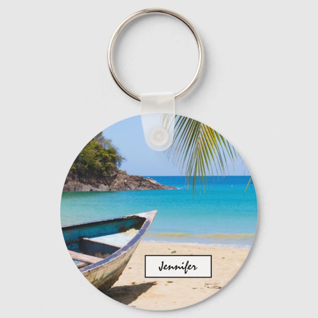 Beautiful Tropical Beach with a Rowboat Key Ring (Front)