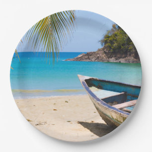 Beautiful Tropical Beach with a Rowboat Paper Plate