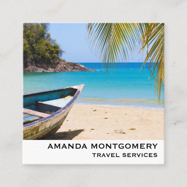 Beautiful Tropical Beach with a Rowboat Square Business Card (Front)