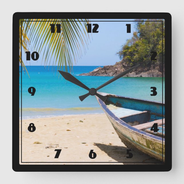 Beautiful Tropical Beach with a Rowboat Square Wall Clock (Front)