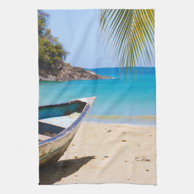 Beautiful Tropical Beach with a Rowboat Tea Towel (Vertical)