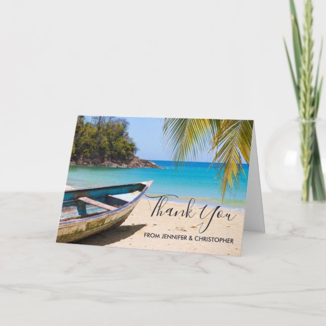 Beautiful Tropical Beach with a Rowboat Thank You Card (Front)