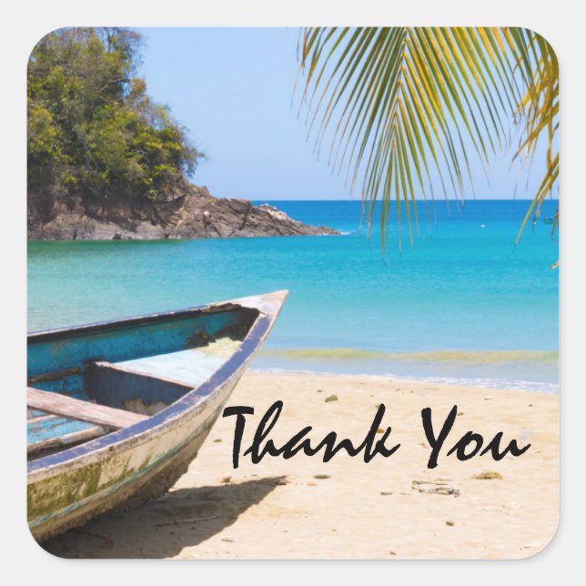 Beautiful Tropical Beach with a Rowboat Thank You Square Sticker (Front)