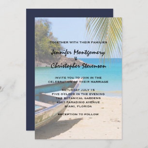Beautiful Tropical Beach with a Rowboat Wedding Invitation