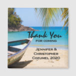 Beautiful Tropical Beach with a Rowboat Wedding Magnet<br><div class="desc">Wedding thank you magnet with an idyllic tropical beach scene. Turquoise blue crystal clear water and a soft brown sandy beach. Some palm leaves hanging down from above. An old wooden rowboat sits on the beach. A serene and peaceful landscape.</div>