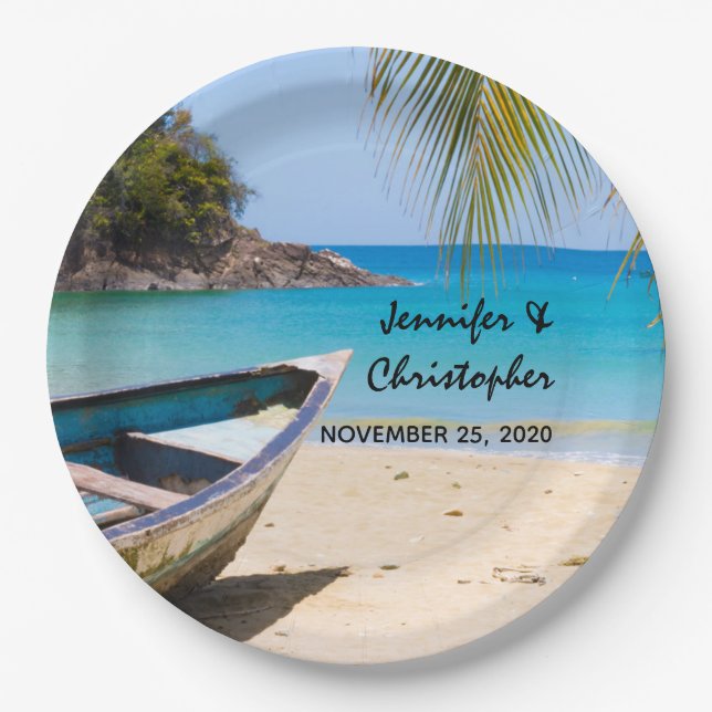 Beautiful Tropical Beach with a Rowboat Wedding Paper Plate (Front)