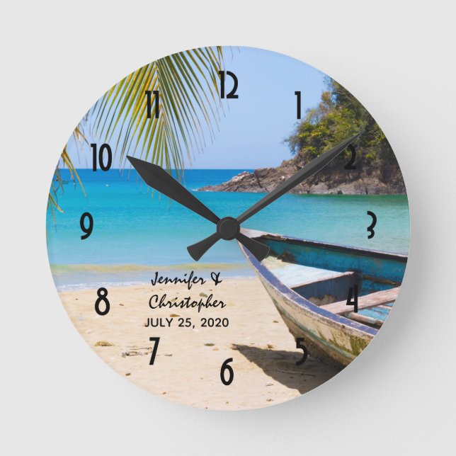 Beautiful Tropical Beach with a Rowboat Wedding Round Clock (Front)