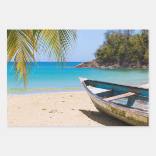 Beautiful Tropical Beach with a Rowboat Wrapping Paper Sheet