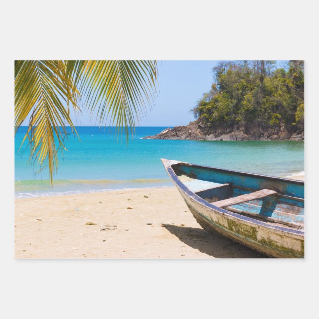 Beautiful Tropical Beach with a Rowboat Wrapping Paper Sheet (Front)