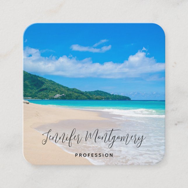 Beautiful Tropical Destination Scenic Beach Square Business Card (Front)