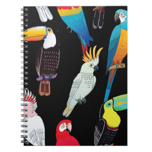 Beautiful tropical exotic parrot birds. vintage se notebook