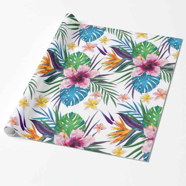 Beautiful tropical floral paint watercolors wrapping paper (Unrolled)