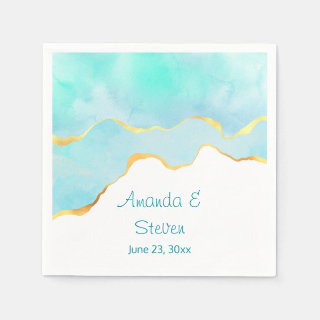 Beautiful Tropical Green Blue with Gold Border Napkin (Front)