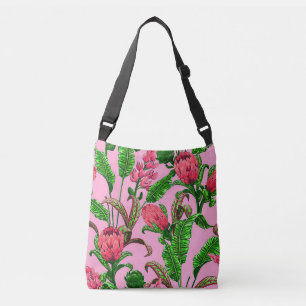 Beautiful Tropical Green Leaves with Red Flowers Crossbody Bag