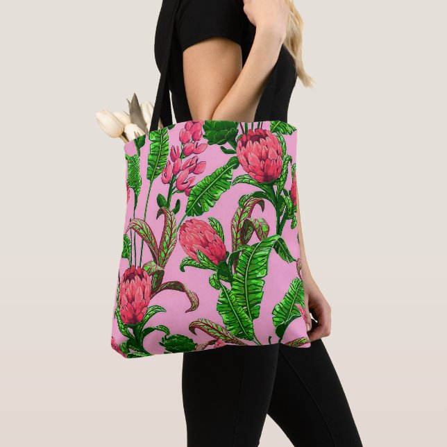 Beautiful Tropical Green Leaves with Red Flowers | Tote Bag (Close Up)